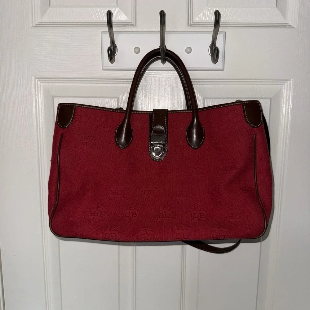 DOONEY & BOURKE Red Canvas & Brown Leather DB Signature Tote Satchel Bag Purse